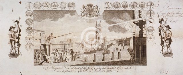 View of fire engines extinguishing a fire in Cornhill, City of London, 25 March 1748. Artist: Anon