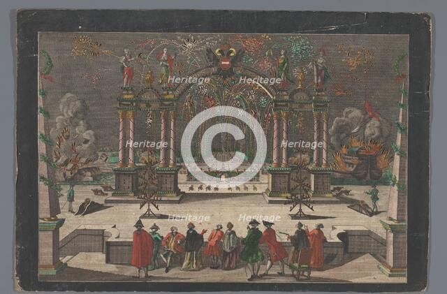 View of fireworks and a triumphal arch with a two-headed eagle and the name of Joseph..., 1765-1799 Creator: Anon.