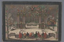 View of fireworks and a triumphal arch with a two-headed eagle and the name of Joseph..., 1765-1799 Creator: Anon