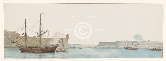 View of Fort St. Angelo with galley ships in the harbour, Malta, 1778. Creator: Louis Ducros.