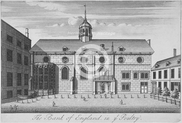 View of Grocers' Hall at time it housed Bank of England, City of London, 1730. Artist: Anon