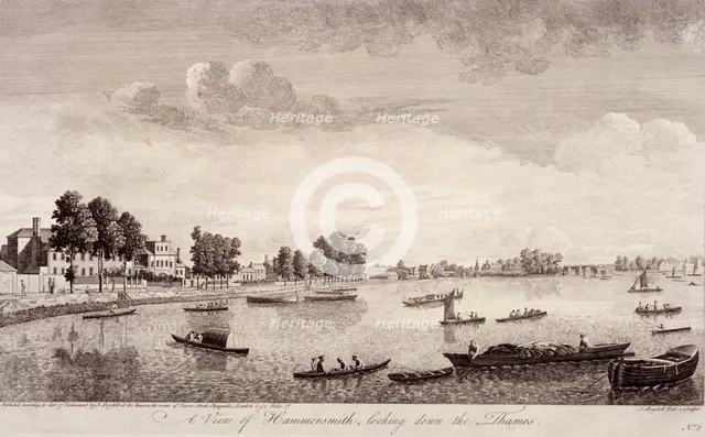 View of Hammersmith with water craft on the River Thames, Hammersmith, 1752. Artist: John Boydell