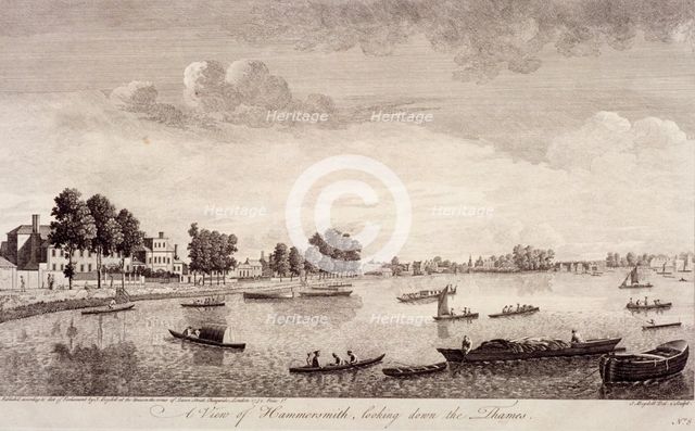 View of Hammersmith with water craft on the River Thames, Hammersmith, 1752. Artist: John Boydell