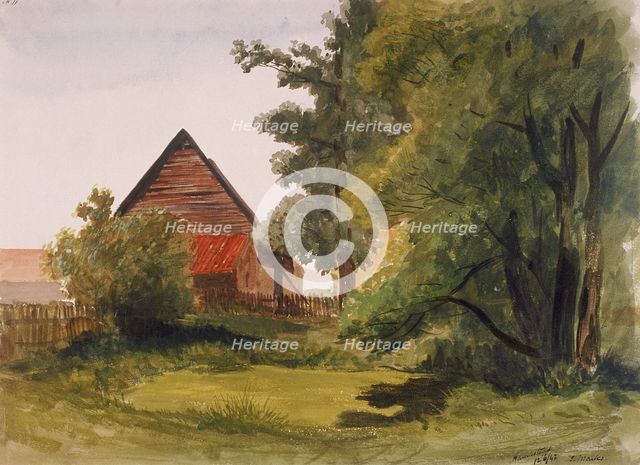 View of Hampstead with a barn on the left, Hampstead, Camden, London, 1842. Artist: Edmund Marks