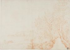 View of Harbor, with Figure and Vegetation in Foreground, c. 1700. Creator: Unknown