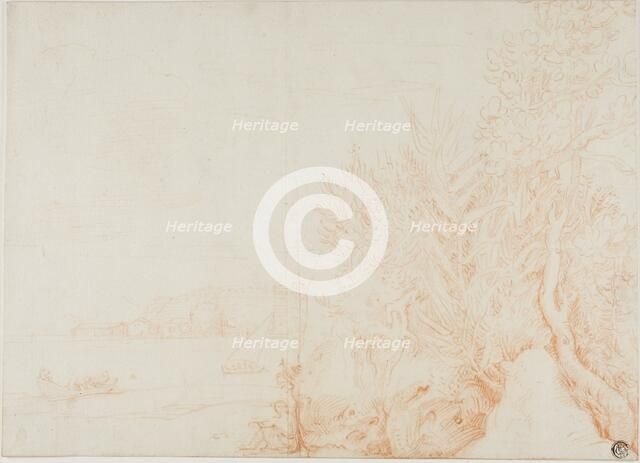 View of Harbor, with Figure and Vegetation in Foreground, c. 1700. Creator: Unknown.