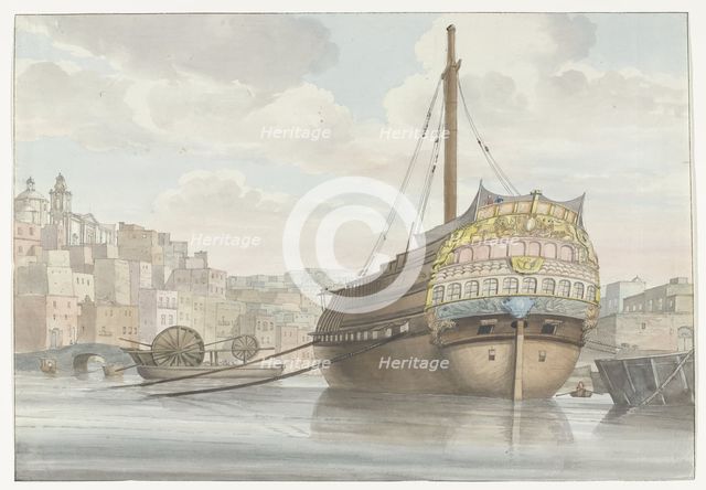 View of harbour with galleon near the wharf, 1778. Creator: Louis Ducros.