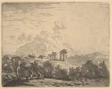 View of hillside with ruins (an aqueduct?) and mountain crag beyond, in the foreground a m..., 1658. Creator: Karel Du Jardin