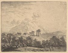 View of hillside with ruins (an aqueduct?) and mountain crag beyond, in the foreground a m..., 1658. Creator: Karel Du Jardin