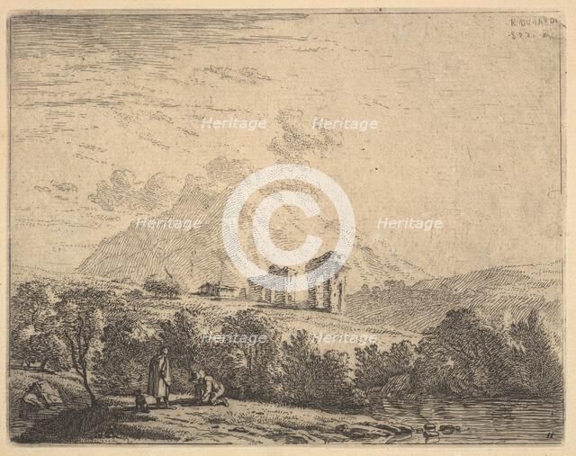 View of hillside with ruins (an aqueduct?) and mountain crag beyond, in the foreground a m..., 1658. Creator: Karel Du Jardin.