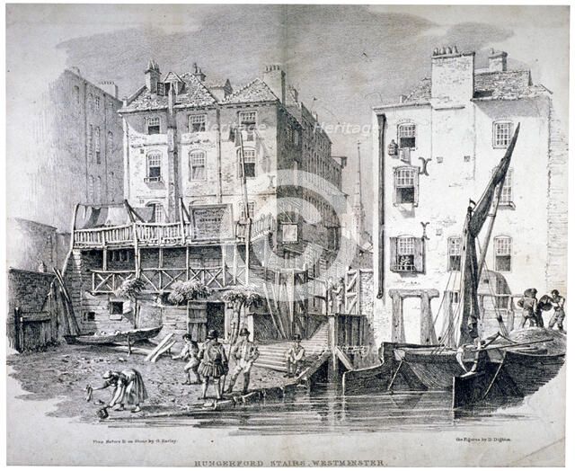 View of Hungerford Stairs, near the market, Westminster, London, 1822.                               Artist: George Harley