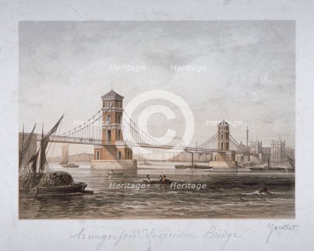 View of Hungerford Suspension Bridge and boats on the River Thames, London, 1854.                    Artist: Louis Julien Jacottet