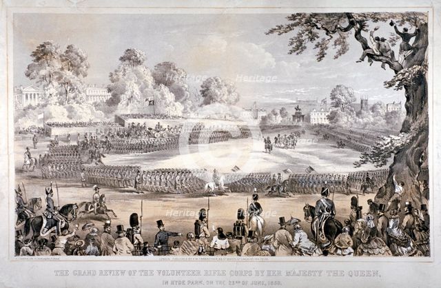 View of Hyde Park during the Volunteer Rifle Corps review by Queen Victoria, London, 1860.           Artist: CJ Culliford