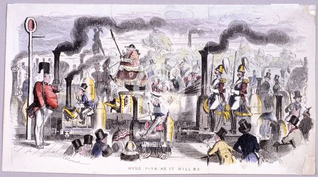 View of Hyde Park that satirises the advent of the steam locomotive, London, c1850. Artist: John Leech