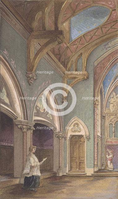 View of Interior with Figures, Saint Clotilde, second half 19th century. Creators: Jules-Edmond-Charles Lachaise, Eugène-Pierre Gourdet.