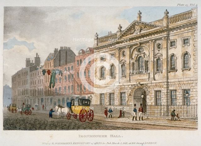 View of Ironmongers' Hall and people and a coach in Fenchurch Street, City of London, 1811. Artist: Anon