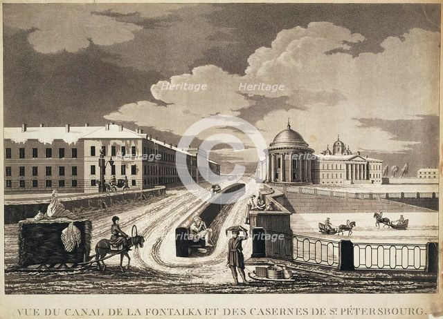 View of Izmailovsky Bridge and Barracks across the Fontanka River, late 18th century. Creator: Damame-Demartrais, Michel François (1763-1827).