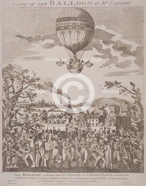 View of James Sadler's balloon over Mermaid Gardens, Hackney, London, 1811.  Artist: Anon