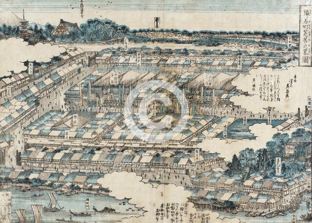 View of Kabuki Theatre District in Edo, 1820. Creator: Ikeda Eisen.