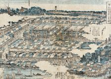 View of Kabuki Theatre District in Edo, 1820. Creator: Ikeda Eisen