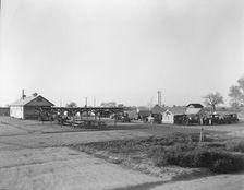 View of Kern migrant camp showing outdoor clubroom with protection from the sun, California, 1936. Creator: Dorothea Lange