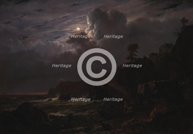 View of Kullen in Sweden, Smugglers Hiding their Goods among the Rocks, Moonlight, 1834. Creator: Louis Gurlitt.