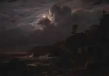 View of Kullen in Sweden, Smugglers Hiding their Goods among the Rocks, Moonlight, 1834. Creator: Louis Gurlitt