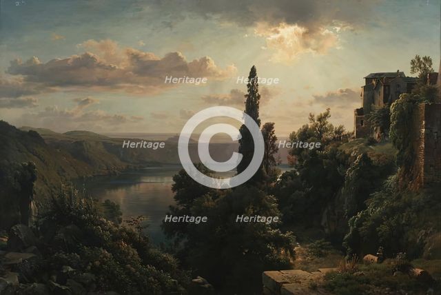 View of Lake Nemi in the Alban Mountains near Rome, 1850. Creator: Louis Gurlitt.