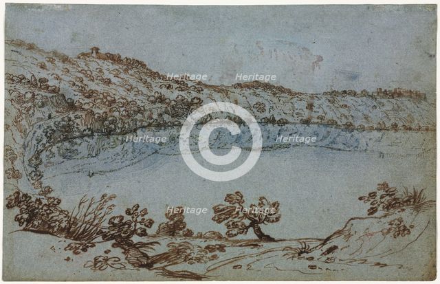 View of Lake Nemi (recto) Small Group of Roman Ruins (verso), c. 1650. Creator: Unknown.