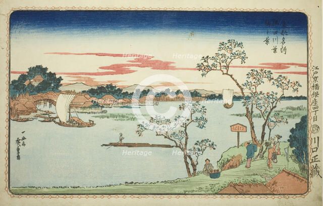 View of Leafy Cherry Trees along the Sumida River (Sumidagawa hazakura no kei), from the..., c. 1831 Creator: Ando Hiroshige.
