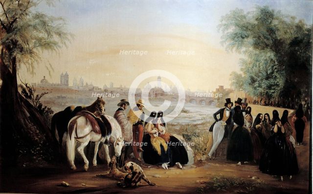 View of Lima with ladies and gentlemen walking by the Rimac river, oil, 1843.