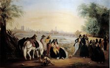 View of Lima with ladies and gentlemen walking by the Rimac river, oil, 1843