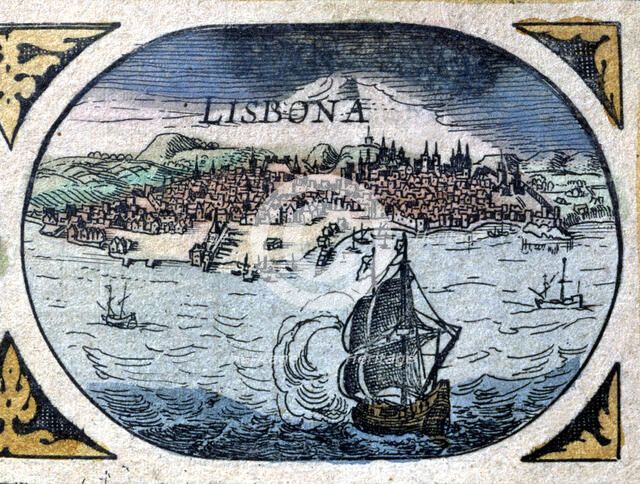 View of Lisbon and the Tagus River, engraving in 'Le Theatre du Monde' or 'Nouvel Atlas' , 1645.