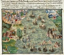View of Lisbon, with ships tossed about in the treacherous waters of the inlet,, 1560-1632. Creator: Unknown