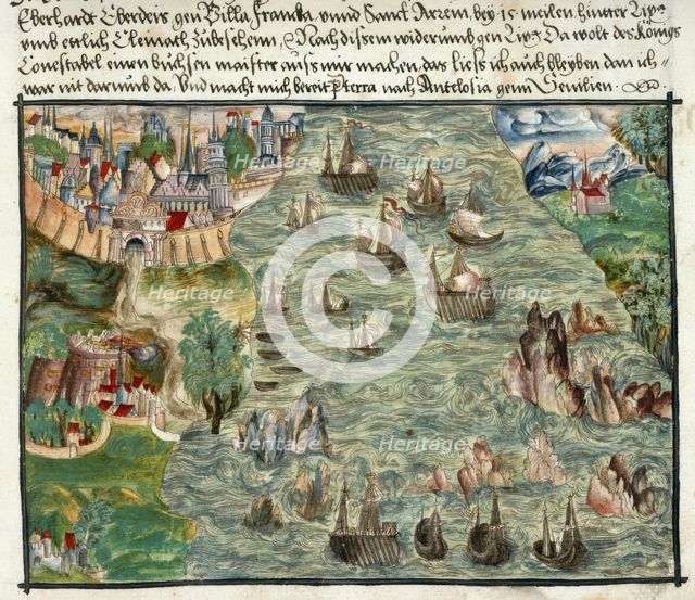 View of Lisbon, with ships tossed about in the treacherous waters of the inlet,, 1560-1632. Creator: Unknown.