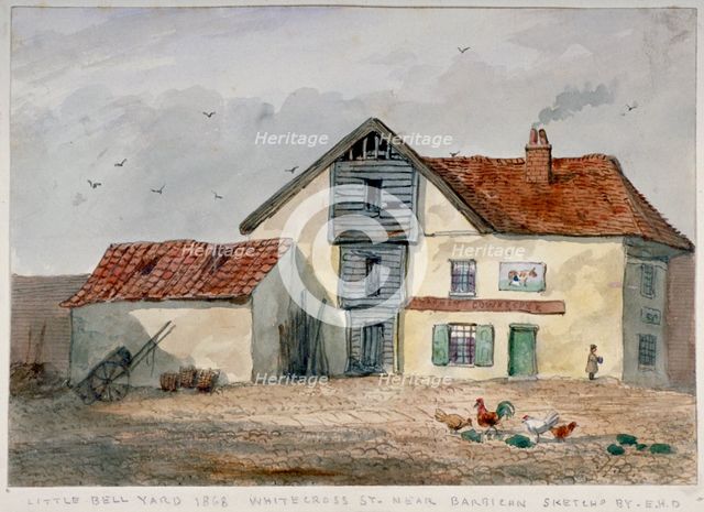 View of Little Bell Yard, Whitecross Street, with chickens in the foreground, London, 1868. Artist: EH Davies