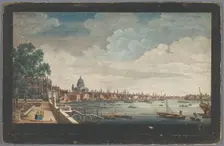 View of London Bridge over the River Thames in London, seen from the garden of Somerset House, 1750. Creator: Edward Rooker