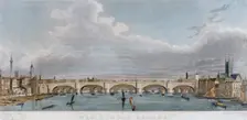 View of London Bridge from the west with boats on the River Thames, 1829. Artist: S Rogers
