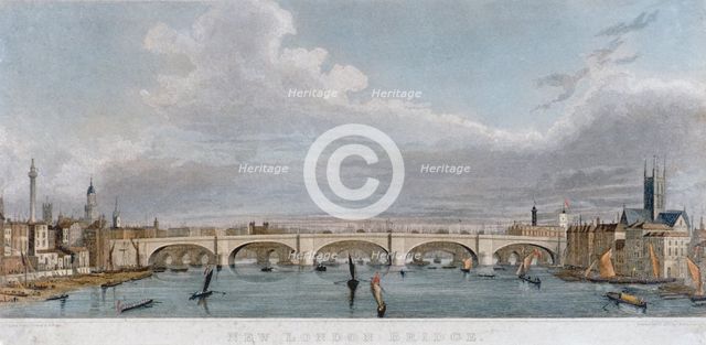 View of London Bridge from the west with boats on the River Thames, 1829. Artist: S Rogers