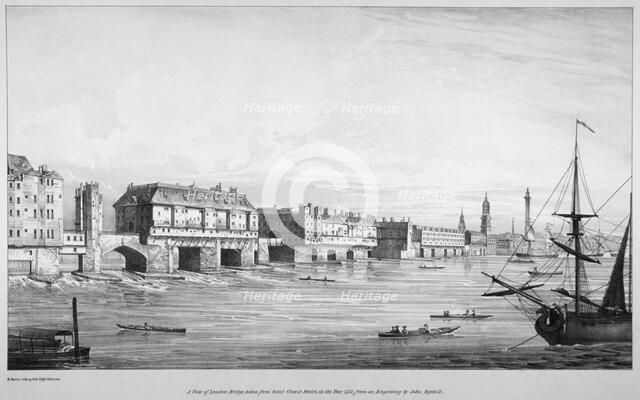View of London Bridge looking north from St Olave's Stairs in 1751, (1830). Artist: R Martin