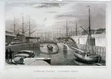 View of London Docks looking west, Wapping, 1831. Artist: MJ Starling