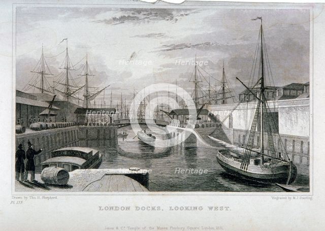 View of London Docks looking west, Wapping, 1831. Artist: MJ Starling