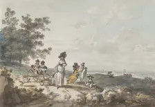 View of London with St. Paul’s in the Distance: Woman and Children with a Baby Carriage, 1787. Creator: Julius Caesar Ibbetson