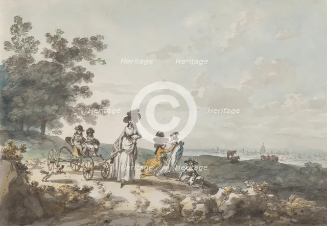 View of London with St. Paul’s in the Distance: Woman and Children with a Baby Carriage, 1787. Creator: Julius Caesar Ibbetson.