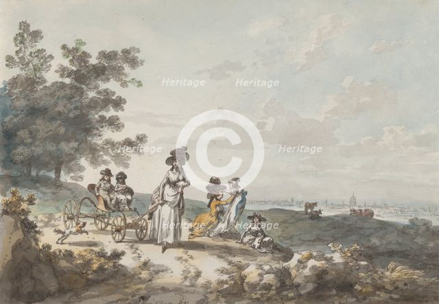 View of London with St. Paul’s in the Distance: Woman and Children with a Baby Carriage, 1787. Creator: Julius Caesar Ibbetson.