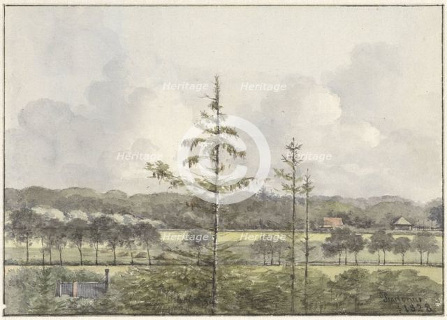 View of meadows and farm buildings, 1828. Creator: Pieter Ernst Hendrik Praetorius.