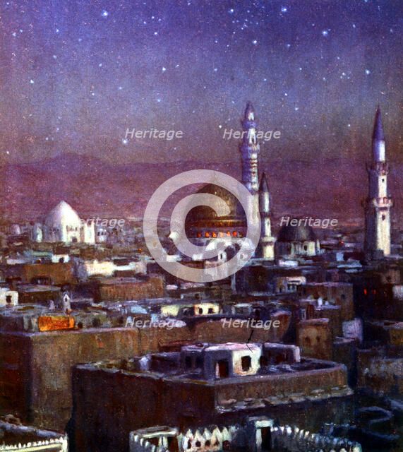 View of Medina, Arabia, by moonlight, showing the dome of the Tomb of the Prophet, 1918. Artist: Etienne Dinet