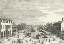 View of Mestre, an inn at left and other various buildings lining the canal, from View..., 1735-46. Creator: Canaletto
