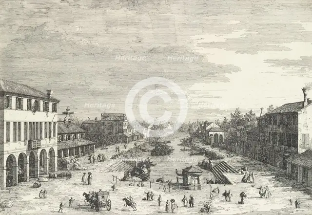 View of Mestre, an inn at left and other various buildings lining the canal, from 'View..., 1735-46. Creator: Canaletto.
