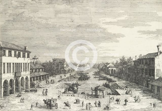 View of Mestre, an inn at left and other various buildings lining the canal, from 'View..., 1735-46. Creator: Canaletto.